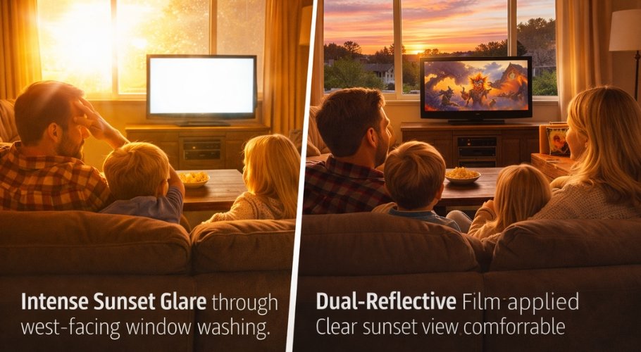The Sunset-Struggle: How Dual-Reflective Film Fixed a TV Glare Crisis in a Burlington Split-Level.